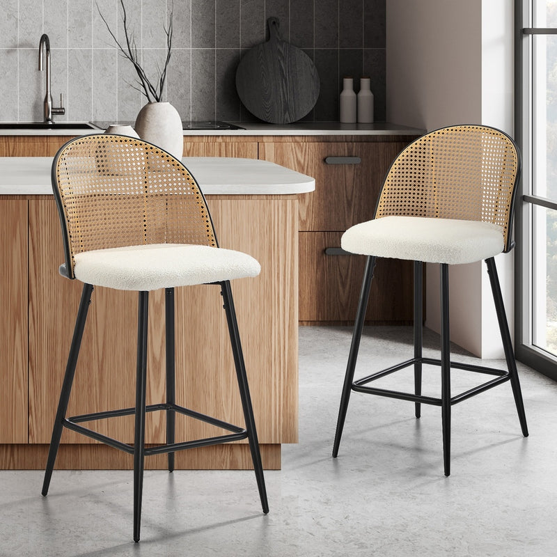 Oikiture 2x Bar Stools Kitchen Counter Stool Rattan Boucle Fabric