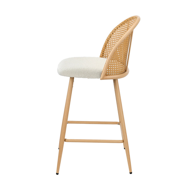 Oikiture 2x Bar Stools Rattan Dining Chair Natural Boucle White