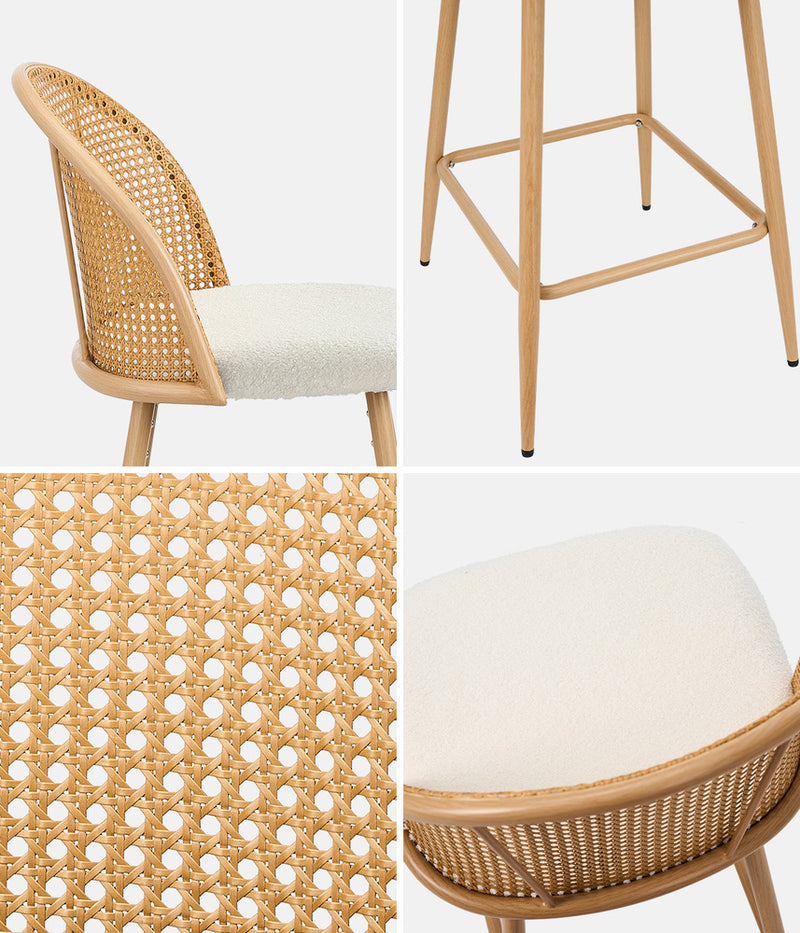 Oikiture 4x Bar Stools Rattan Dining Chair Natural Boucle White