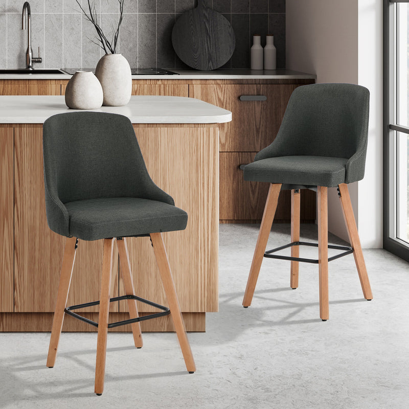 Oikiture 2x Bar Stools Kitchen Dining Chairs Wooden Stool Linen Grey