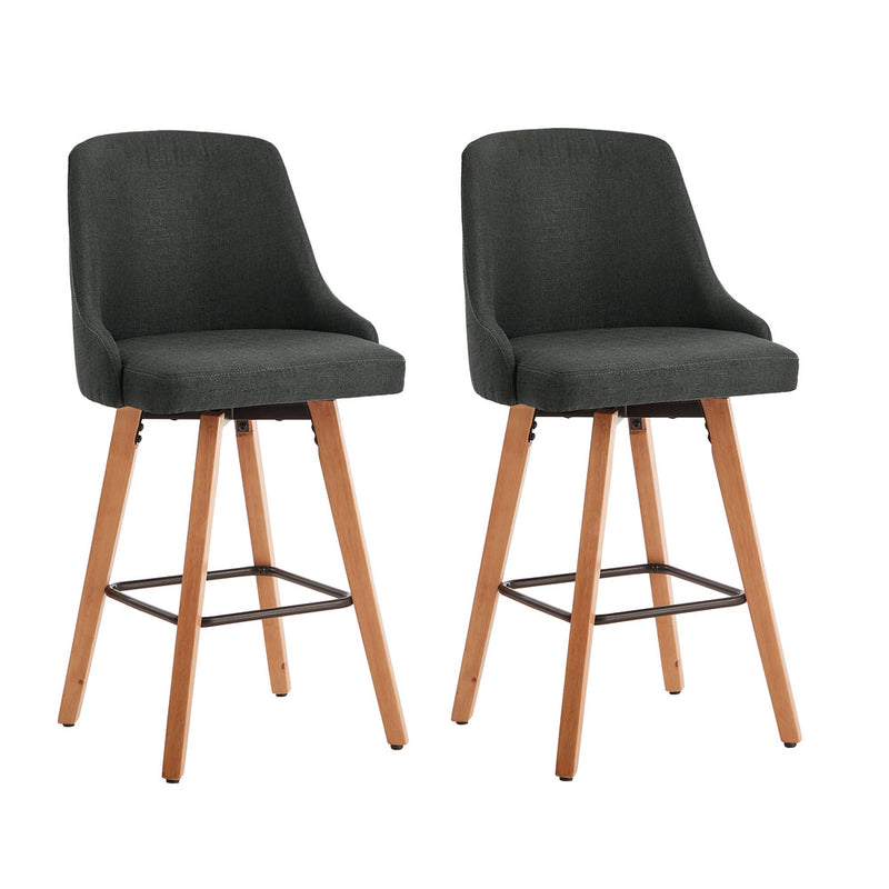 Oikiture 2x Bar Stools Kitchen Dining Chairs Wooden Stool Linen Grey