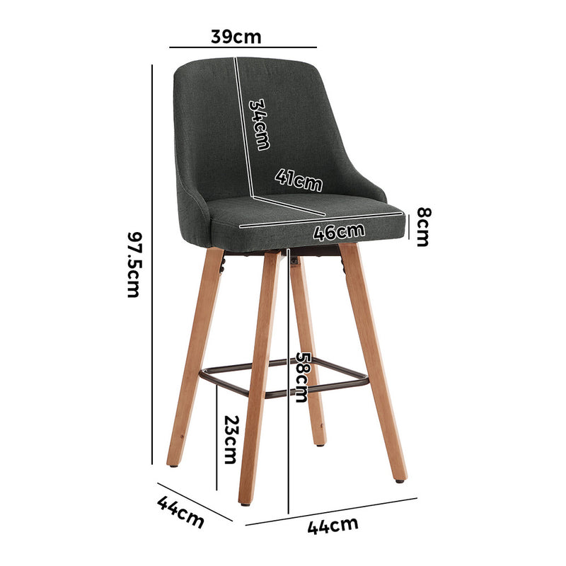 Oikiture 2x Bar Stools Kitchen Dining Chairs Wooden Stool Linen Grey