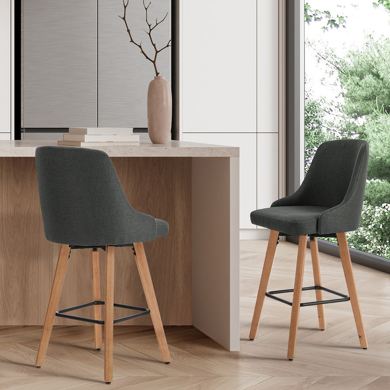 Oikiture 2x Bar Stools Kitchen Dining Chairs Wooden Stool Linen Grey