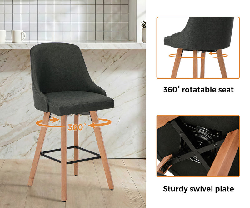Oikiture 2x Bar Stools Kitchen Dining Chairs Wooden Stool Linen Grey