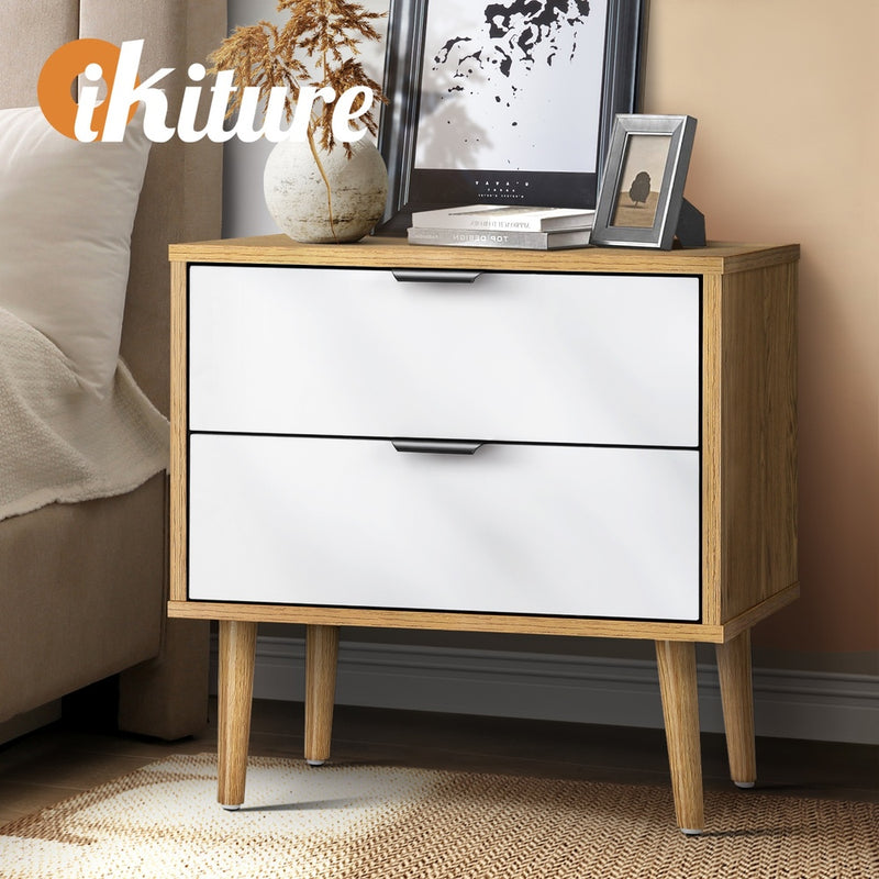 Oikiture Bedside Tables 2 Drawers Side Table Nightstand Storage Cabinet Wood and White