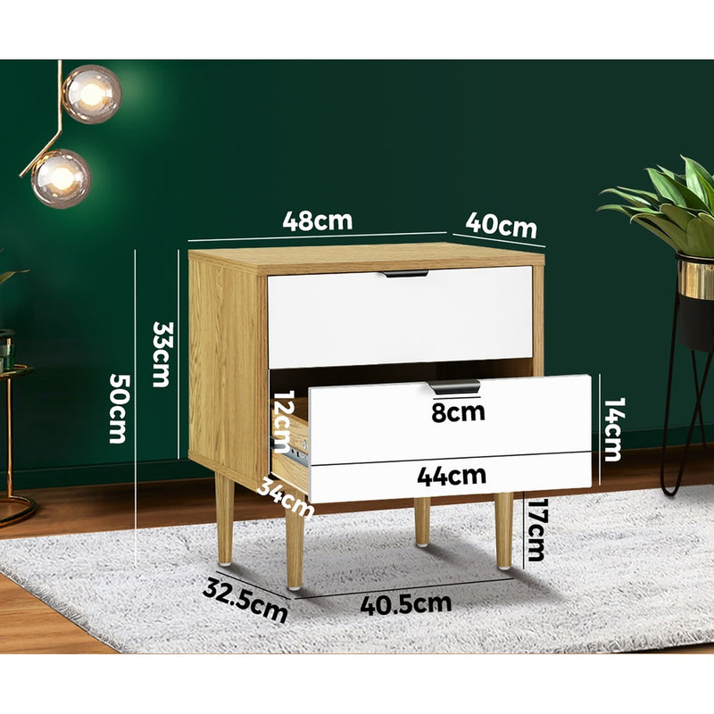Oikiture Bedside Tables 2 Drawers Side Table Nightstand Storage Cabinet Wood and White