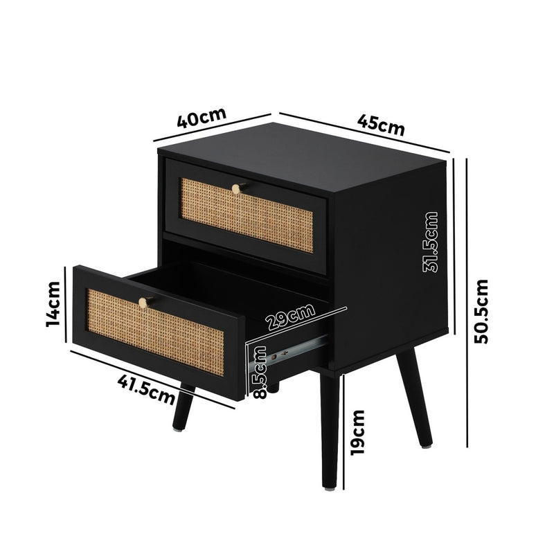 Oikiture Bedside Table 2 Drawers Storage Cabinet Rattan