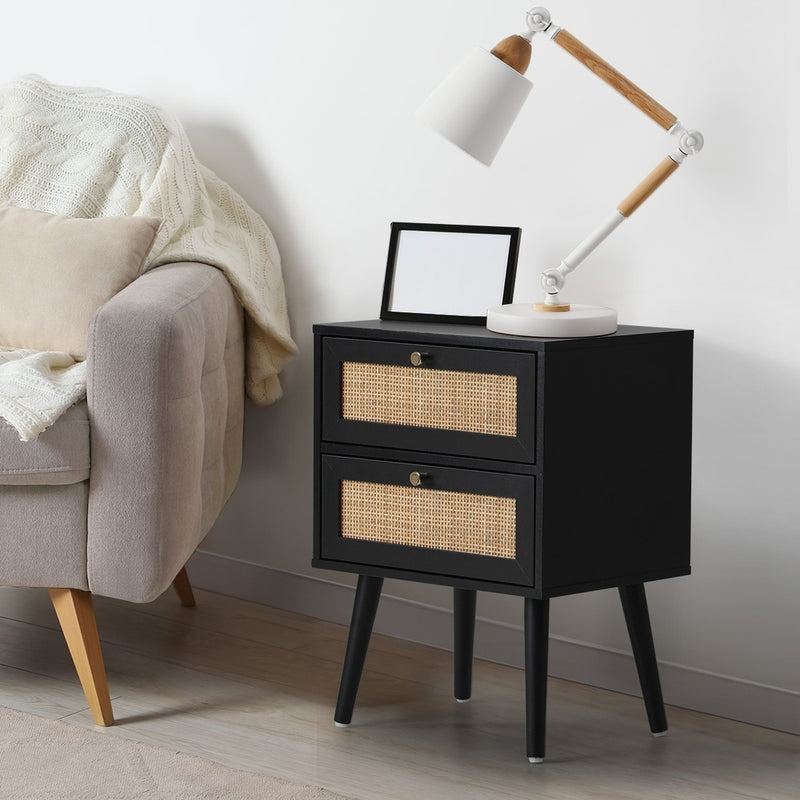 Oikiture Bedside Table 2 Drawers Storage Cabinet Rattan