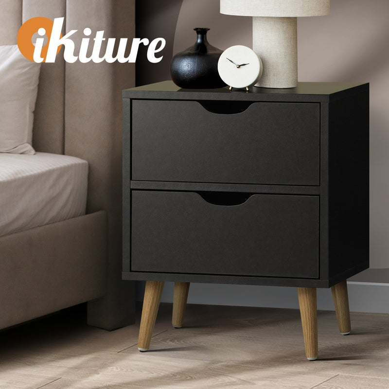 Oikiture Bedside Tables 2 Drawers Air Gap Handle Black