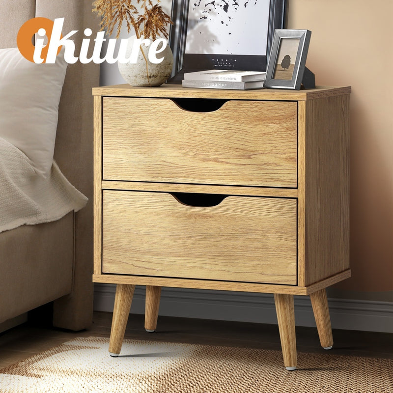 Oikiture Bedside Tables 2 Drawers Air Gap Handle Wooden