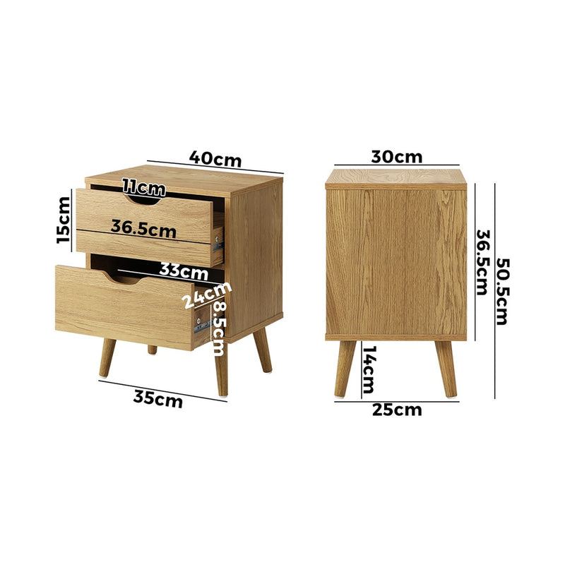 Oikiture Bedside Tables 2 Drawers Air Gap Handle Wooden
