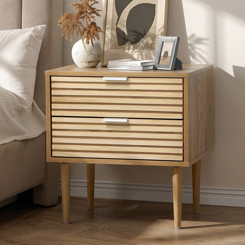 Oikiture Bedside Table 2 Drawers Side Table Metal Handle Natural