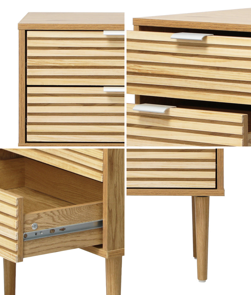 Oikiture Bedside Table 2 Drawers Side Table Metal Handle Natural