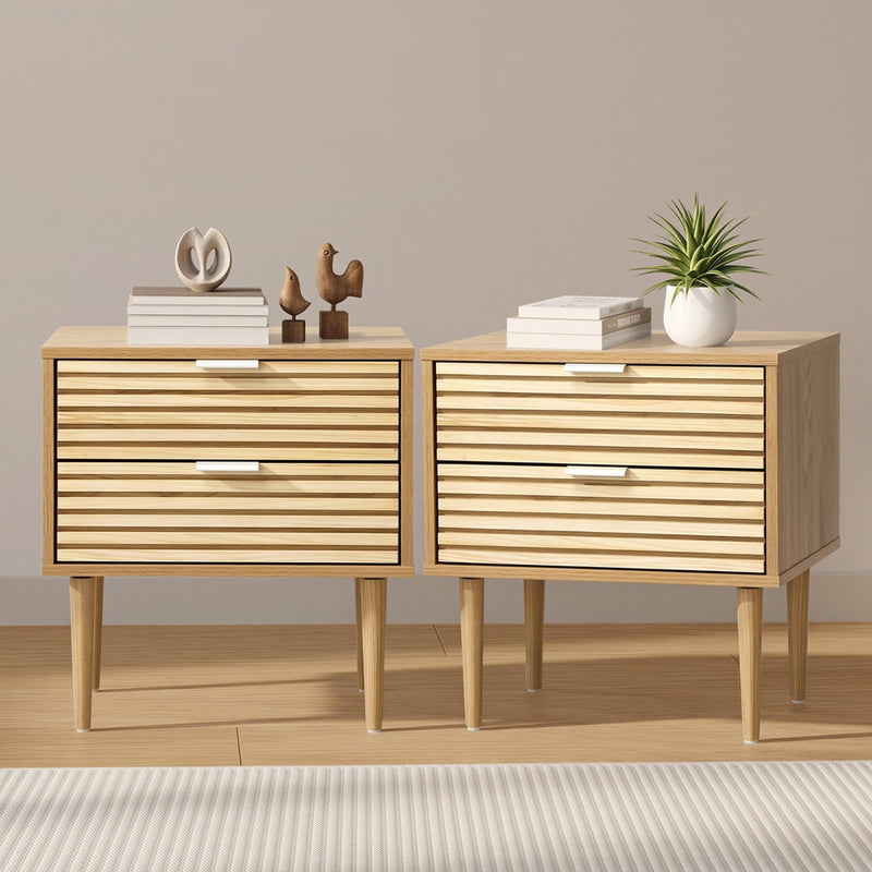 Oikiture 2pc Bedside Table 2 Drawers Side Table Metal Handle Natural