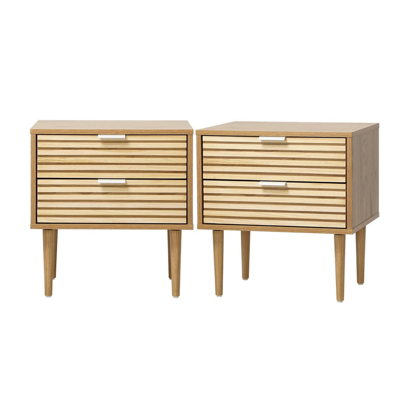 Oikiture 2pc Bedside Table 2 Drawers Side Table Metal Handle Natural