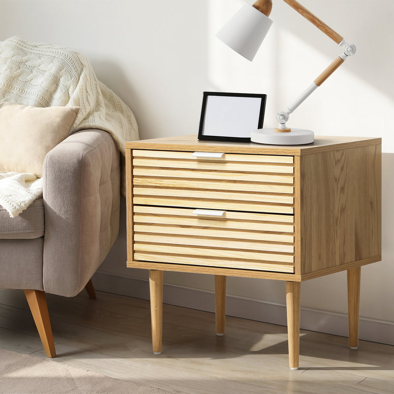 Oikiture 2pc Bedside Table 2 Drawers Side Table Metal Handle Natural