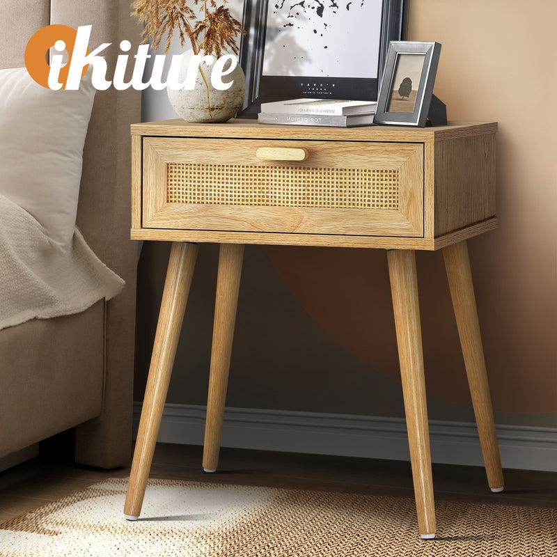 Oikiture Bedside Table Wooden Rattan Furniture