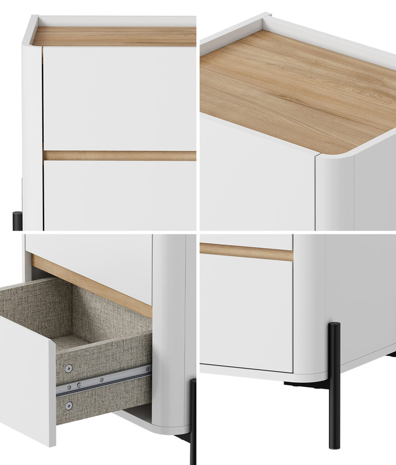 Oikiture Bedside Table 2 Drawer Nightstand Handle-Free White