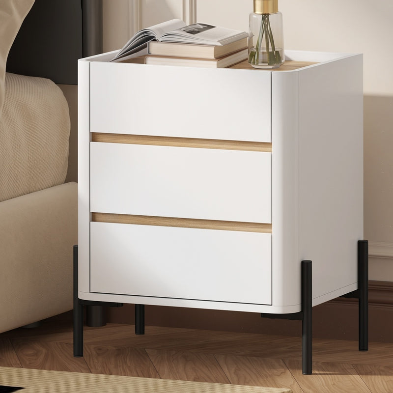 Oikiture Bedside Table 3 Drawer Nightstand Handle-Free White