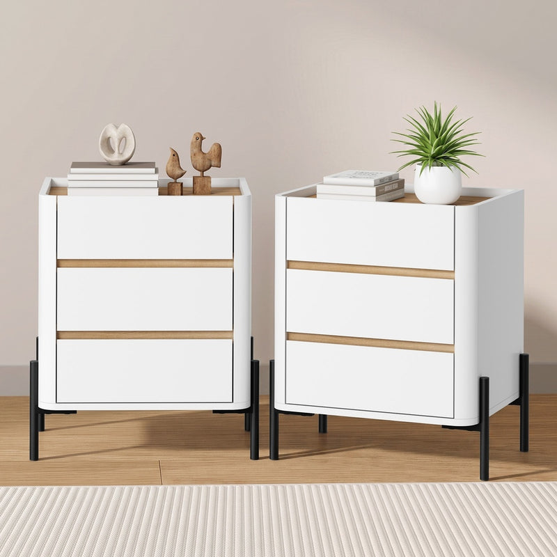 Oikiture 2PC Bedside Table 3 Drawer Nightstand Handle-Free White