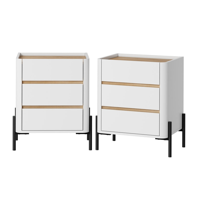 Oikiture 2PC Bedside Table 3 Drawer Nightstand Handle-Free White