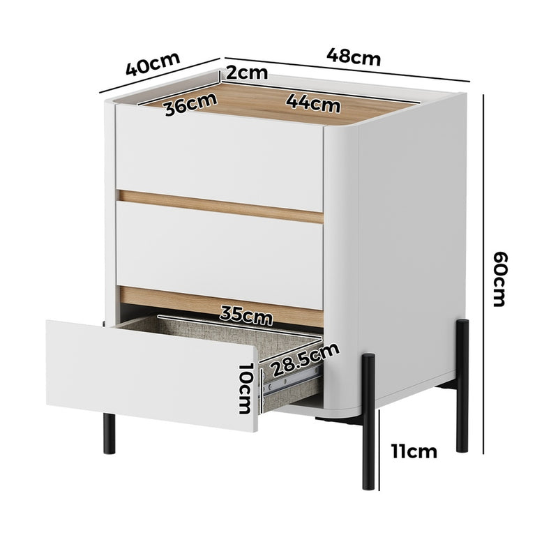 Oikiture 2PC Bedside Table 3 Drawer Nightstand Handle-Free White