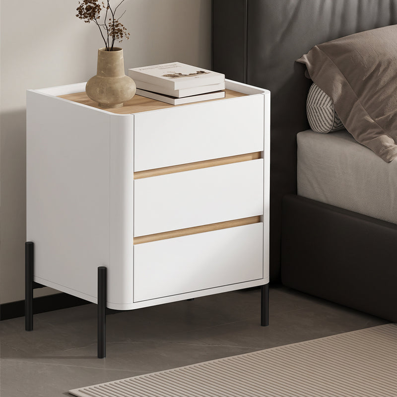 Oikiture 2PC Bedside Table 3 Drawer Nightstand Handle-Free White