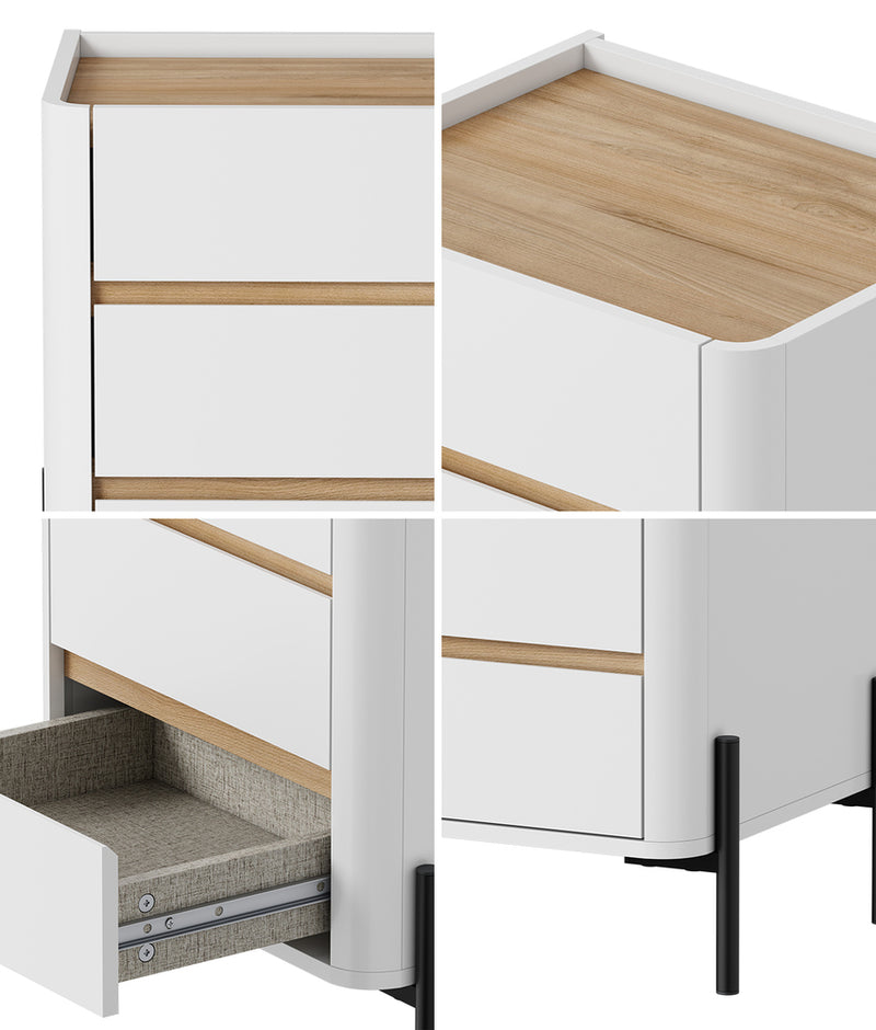 Oikiture 2PC Bedside Table 3 Drawer Nightstand Handle-Free White
