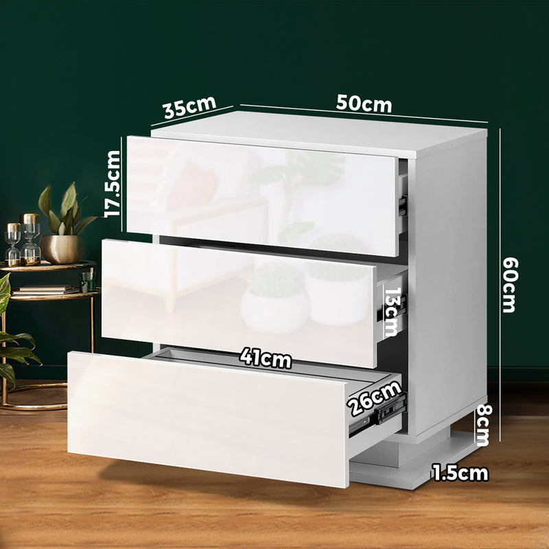 Oikiture LED Bedside Table RGB 3 Drawers White
