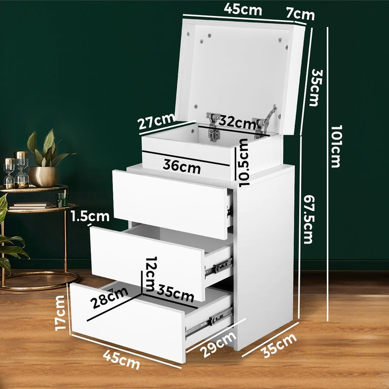 Oikiture Bedside Table RGB LED 3 Drawers White