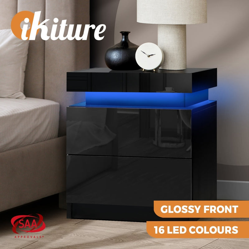 Oikiture Bedside Table RGB LED 2 Drawers Black