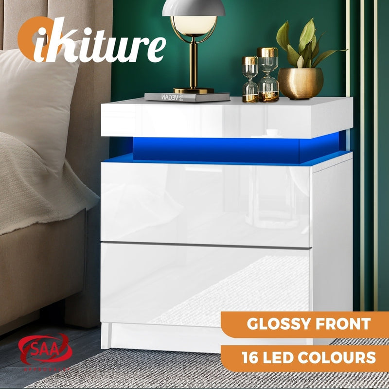 Oikiture Bedside Table RGB LED 2 Drawers White