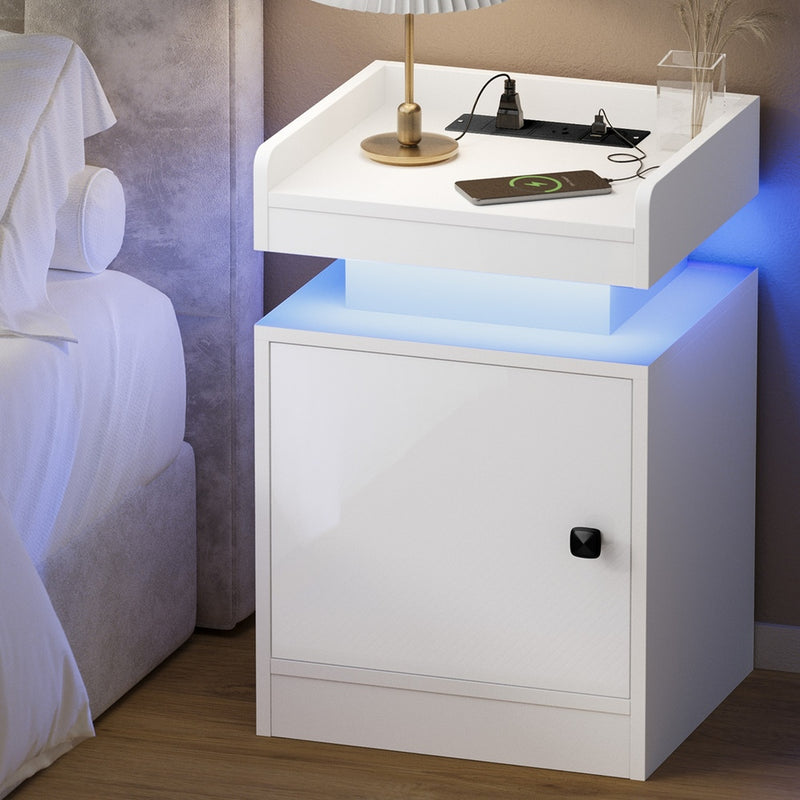 Oikiture LED Bedside Table USB Charging Station White