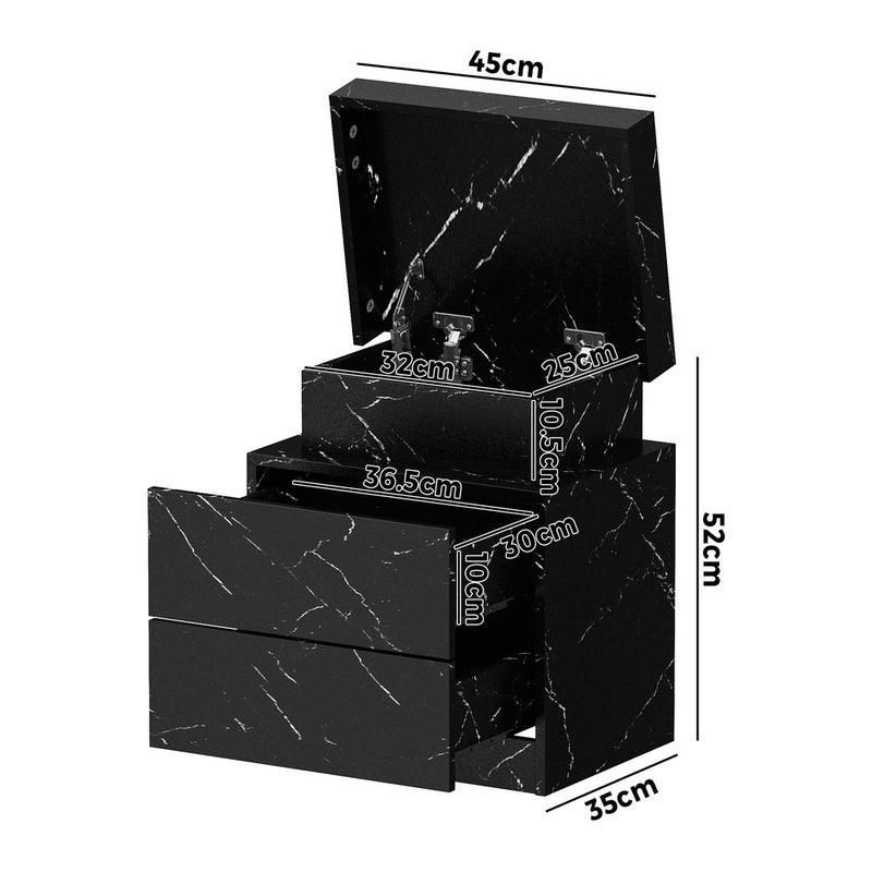 Oikiture Bedside Table 2 Drawers LED Nightstand Marble Effect Black