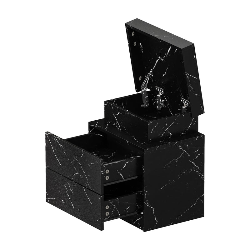 Oikiture Bedside Table 2 Drawers LED Nightstand Marble Effect Black