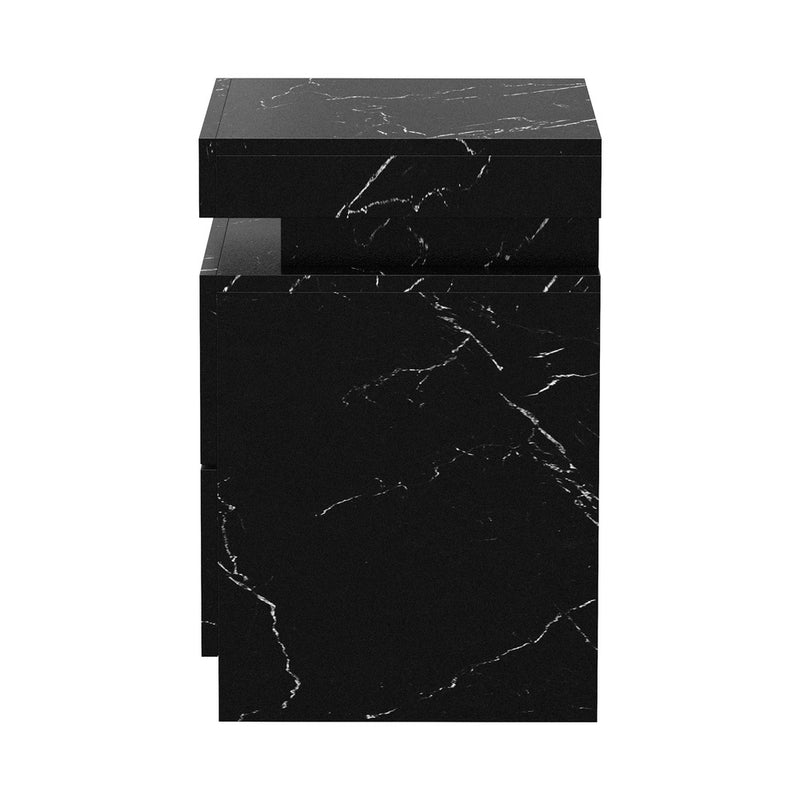 Oikiture Bedside Table 2 Drawers LED Nightstand Marble Effect Black