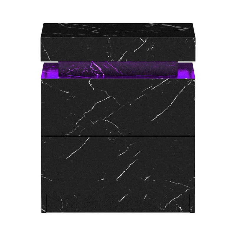 Oikiture 2x Bedside Table 2 Drawers LED Nightstand Marble Effect Black