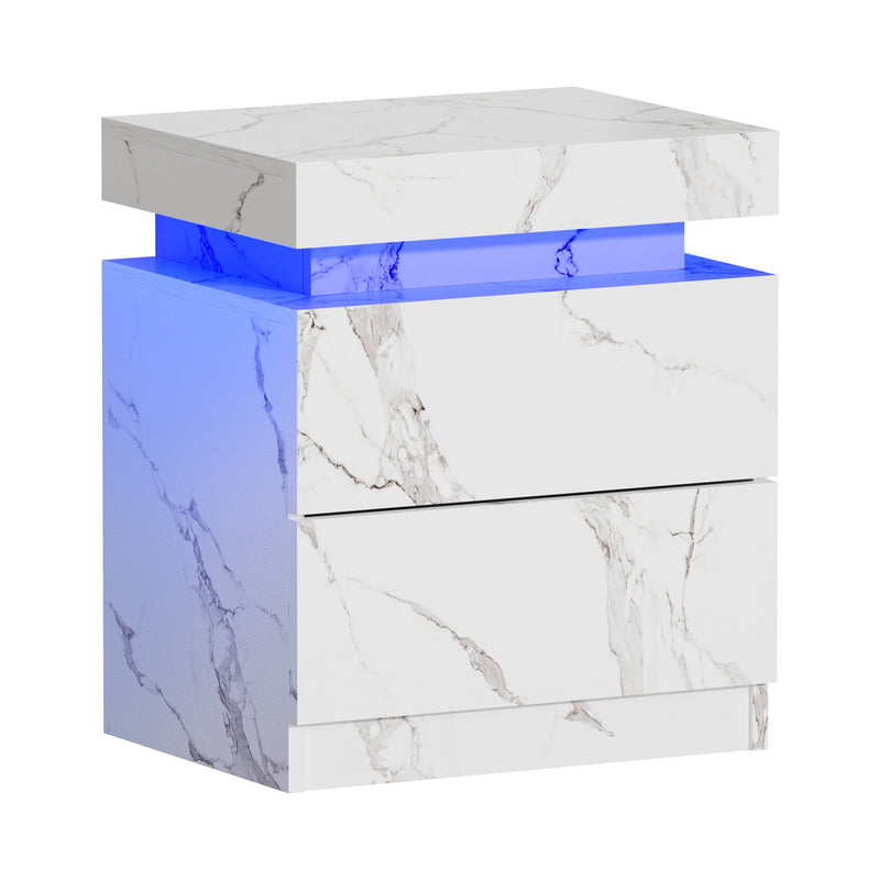 Oikiture Bedside Table 2 Drawers LED Nightstand Marble Effect White