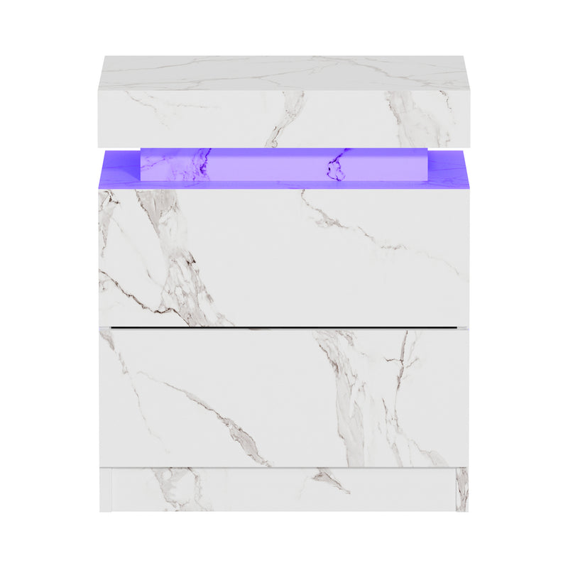 Oikiture Bedside Table 2 Drawers LED Nightstand Marble Effect White