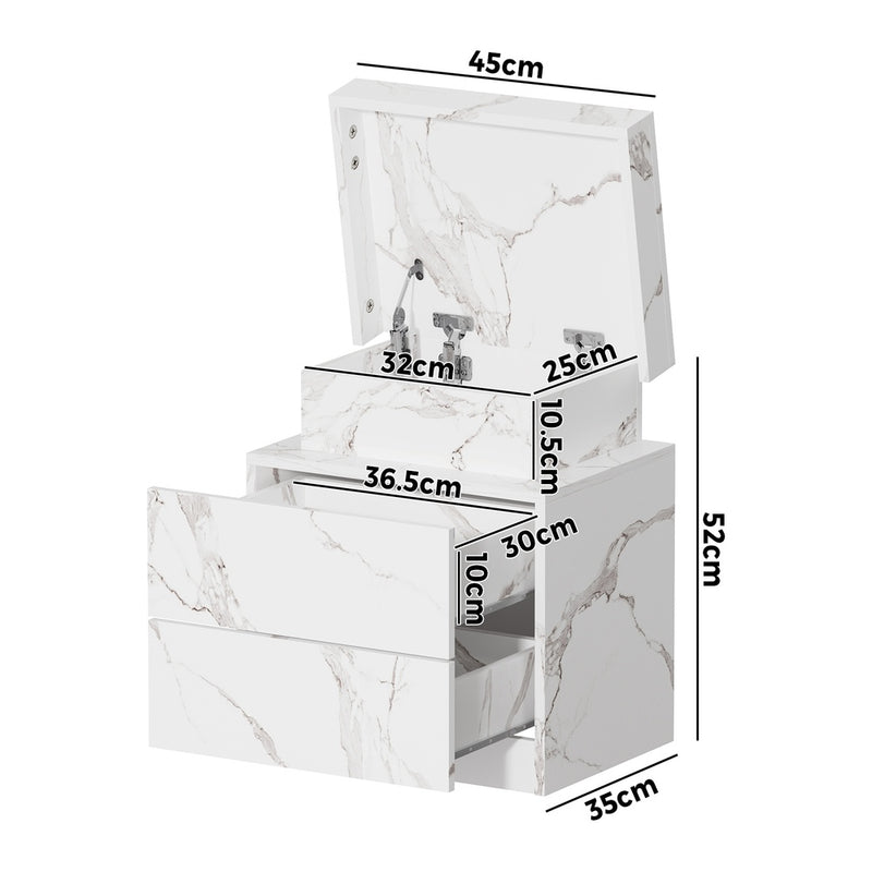 Oikiture Bedside Table 2 Drawers LED Nightstand Marble Effect White