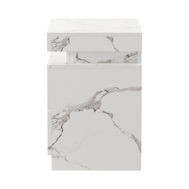Oikiture Bedside Table 2 Drawers LED Nightstand Marble Effect White
