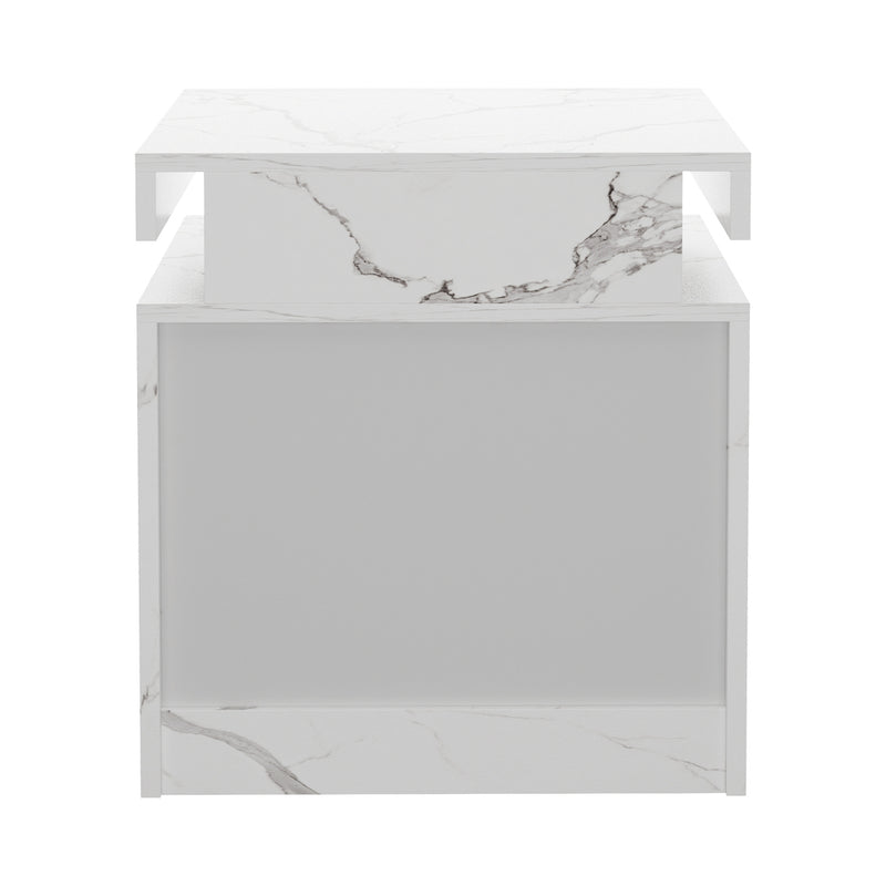 Oikiture Bedside Table 2 Drawers LED Nightstand Marble Effect White