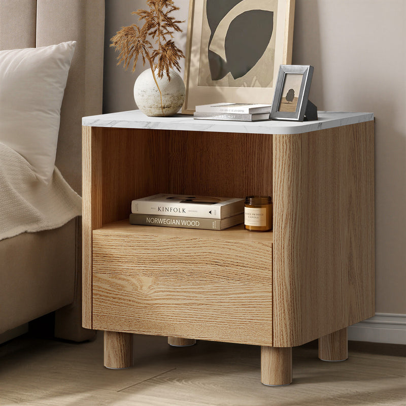 Oikiture Bedside Table One Drawer Open Shelf Handle-Free Natural