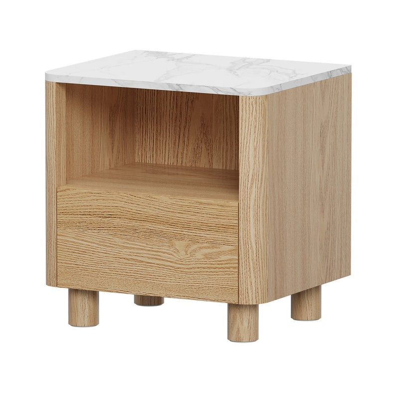 Oikiture Bedside Table One Drawer Open Shelf Handle-Free Natural