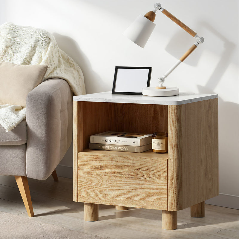 Oikiture Bedside Table One Drawer Open Shelf Handle-Free Natural
