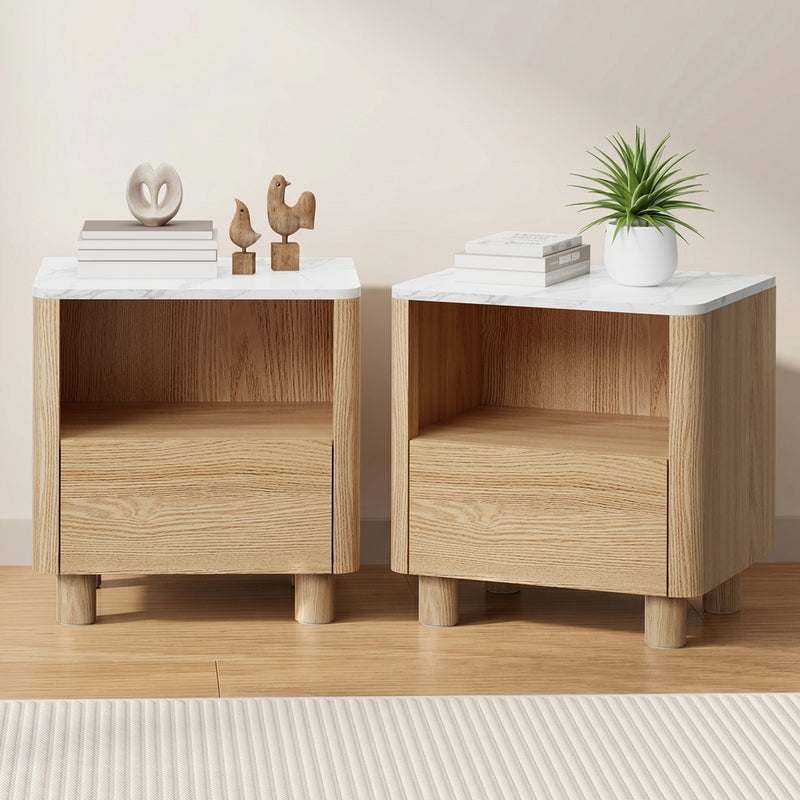 Oikiture 2pc Bedside Table One Drawer Open Shelf Handle-Free Natural