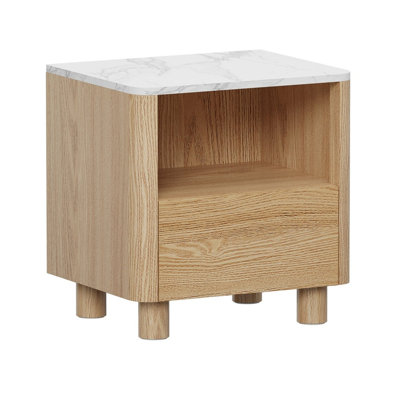 Oikiture 2pc Bedside Table One Drawer Open Shelf Handle-Free Natural