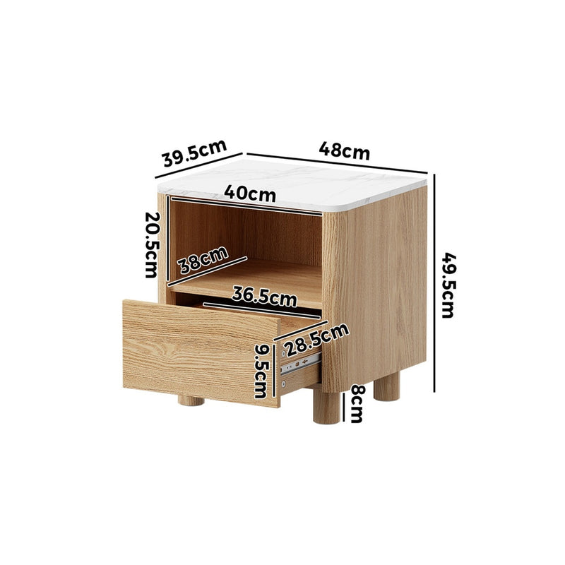 Oikiture 2pc Bedside Table One Drawer Open Shelf Handle-Free Natural