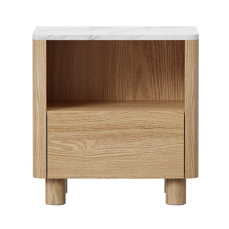Oikiture 2pc Bedside Table One Drawer Open Shelf Handle-Free Natural
