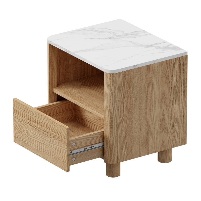 Oikiture 2pc Bedside Table One Drawer Open Shelf Handle-Free Natural
